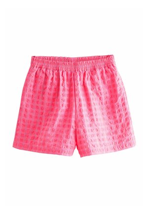 Svetlo ružové šortky s elastickým pásom, jemným štvorcovým texturovaným vzorom, voľného strihu a dĺžky po stred stehen.