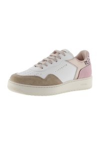 Sneaker bianco con dettagli in suede beige e rosa. Punta rotonda, chiusura con lacci, colletto imbottito e suola in gomma testurizzata.