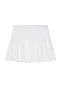 Gonna bianca a campana con cintura liscia, realizzata in tessuto leggero, con materiale arricciato lungo l'orlo per maggiore volume.
