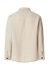 Beige overhemdjack met lange mouwen, een rechte rugnaad, knoopmanchetten en een klassieke kraag, gezien van achteren.