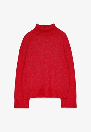 Raudonas megztinis su aukštu kaklu, laisvos formos, su virvės raštu apykakle ir apdaila, pagamintas iš tekstūrinio mezgimo audinio. Paprastas dizainas be puošmenų.