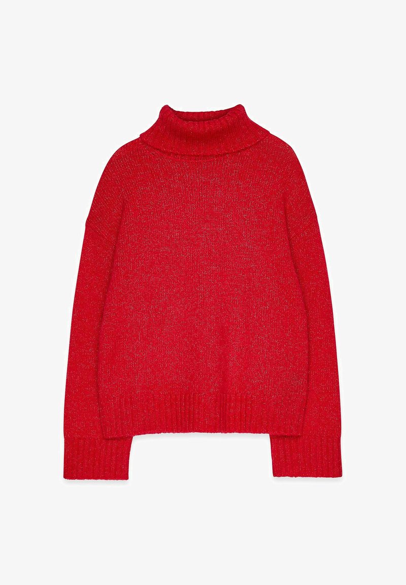 Rdeča pulover z ovratnikom na zadrgo in ohlapnim krojem, ribanim ovratnikom in robom, izdelan iz teksturirane pletenine. Preprost dizajn brez okraskov.