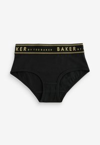 Crne pamučne gaćice s širokim elastičnim pojasom na kojem je zlatni natpis "BAKER by TED BAKER". Klasičan dizajn gaćica s glatkom teksturom.