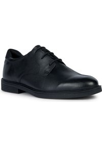 Scarpa da uomo in pelle nera, con punta arrotondata, design con lacci, cuciture minimaliste e suola in gomma strutturata. Finitura liscia e forma classica.