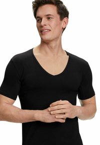 Black short-sleeve T-shirt with a deep V-neck, made of soft material, featuring smooth seams and a fitted design.