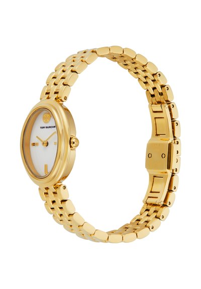 Gold-tone metal wristwatch with white round face, minimalist dial, and linked bracelet band clasped open.