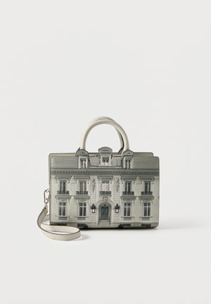 Rectangular handbag with double handles and wrist strap, featuring a detailed black-and-white print of a classic European-style building facade.