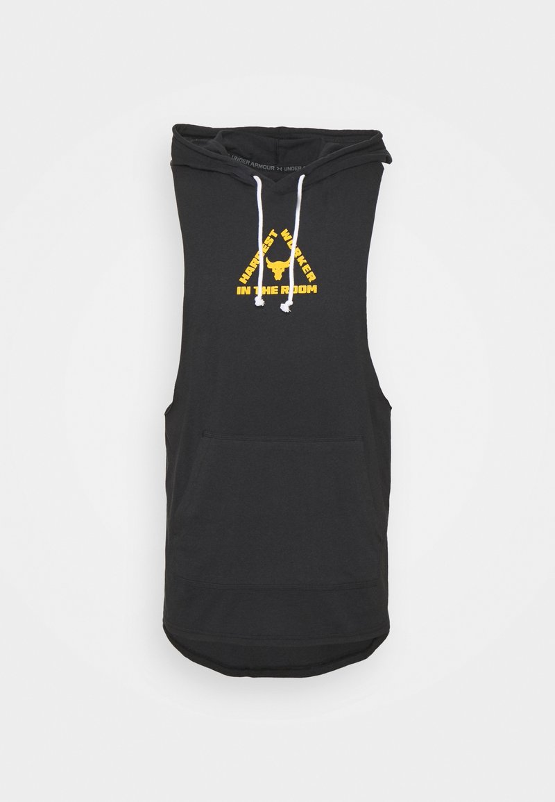 Černá bezrukávová mikina s přední kapsou, bílými stahovacími šňůrkami a žlutou grafikou s nápisem "NEJTĚŽŠÍ PRACOVNÍK V MÍSTNOSTI" a ikonou býka.