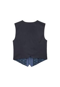 Ärmlös marinblå väst med en slät yta och mönstrad blå foder, med en slits bak och två sidofickor.