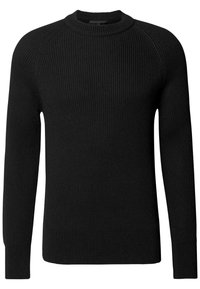 Schwarzer, gerippter Strickpullover mit langen Ärmeln, Rundhalsausschnitt und strukturiertem Stoff. Verfügt über eine taillierte Silhouette und dezente Stickdetails.