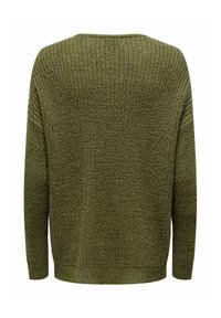 Pull vert en tricot à manches longues avec un motif texturé et un col rond, montré de dos.