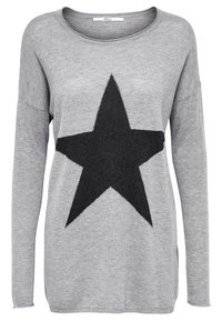 Jasnoszary sweter z długim rękawem z dużą czarną gwiazdą na środku, wykonany z miękkiego, teksturowanego materiału o luźnym kroju.