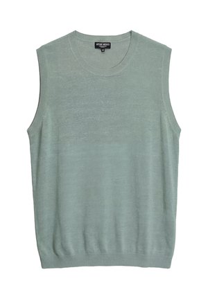 Gilet lavorato a maglia verde chiaro senza maniche con collo tondo e bordi a coste, taglia media, steso in piano.