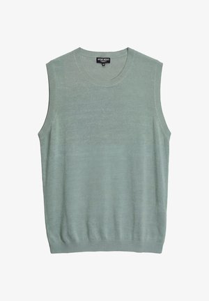 Gilet lavorato a maglia verde chiaro senza maniche con collo tondo e bordi a coste, taglia media, steso in piano.