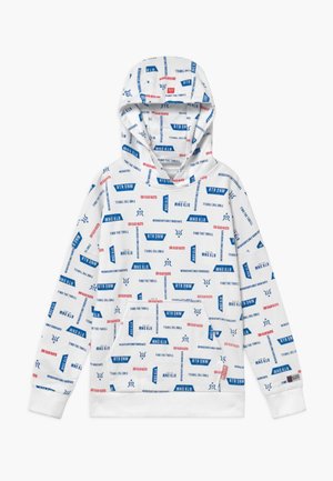 Weißes Kapuzensweatshirt mit blauen und roten Schriftmustern, darunter "RTR DNM", "Find the thrill" und "No bad days". Mit einer Vorderentasche und gerippten Bündchen.