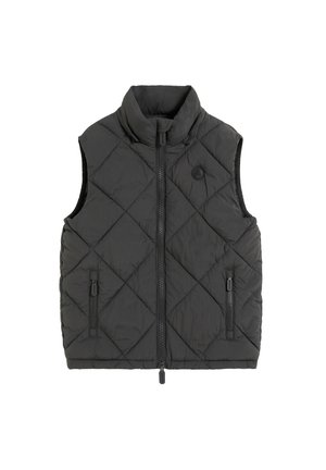 Grey quilted vest with a high collar, front zipper, and two side zippered pockets. Features a circular logo on the chest.