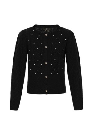 Cardigan negru din tricot, cu modele în formă de diamant, embellizat cu mici mărgele albe și închis cu nasturi metalici rotunzi.