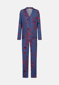 Nachtblaues Pyjama-Set mit rotem Blumenmuster. Verfügt über lange Ärmel, ein knöpfbares Hemd mit Tasche und passende Hosen. Glatte Stoffstruktur.