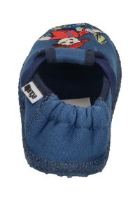 Blue fabric slipper with cartoon character design, elastic opening, and textured sole. Cotton material with soft interior and flexible fit.