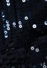 Schwarzer Spitzenstoff mit silbernen Pailletten, der ein florales Muster mit kreisförmigen Pailletten kombiniert und so einen strukturierten, schimmernden Effekt erzeugt.