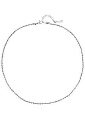 Silver twisted rope chain necklace with lobster clasp and adjustable extender chain on white background.