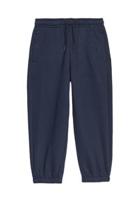 Marineblaue Sweatpants aus weichem Stoff, mit elastischem Bund und Kordelzug, seitlichen Taschen und schmal zulaufenden Bündchen an den Knöcheln.