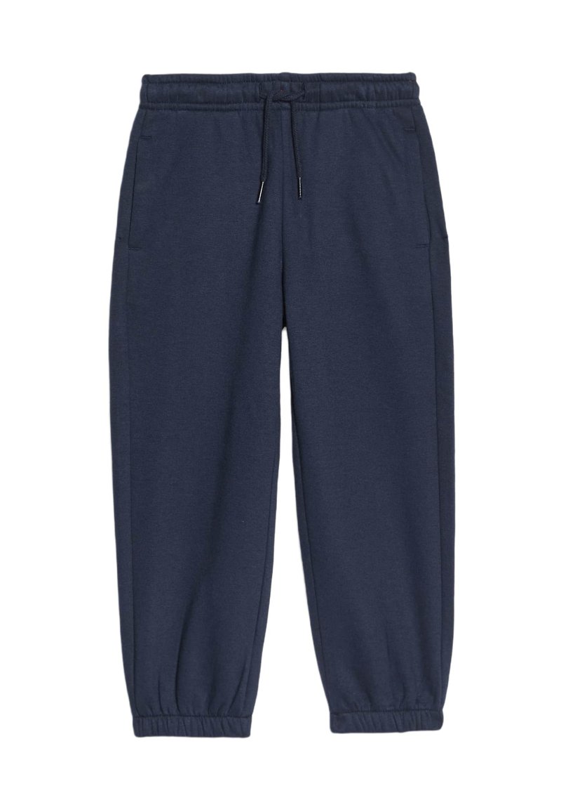 Marineblaue Sweatpants aus weichem Stoff, mit elastischem Bund und Kordelzug, seitlichen Taschen und schmal zulaufenden Bündchen an den Knöcheln.