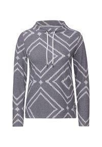 Grauer Langarmpullover mit Kapuze, der mit einem geometrischen Muster in Weiß gestaltet ist. Er verfügt über Kordelzüge und besteht aus einem strukturierten Strickstoff.