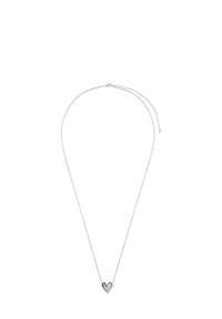 Srebrny naszyjnik z delikatnym łańcuszkiem i małym, wypolerowanym wisiorkiem w kształcie serca na środku. Prosty design, gładka tekstura.