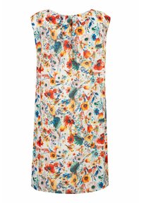 Ärmelloses Blumenkleid aus leichtem Stoff mit einer Mischung aus roten, orangen, blauen und gelben Blumen auf einem weißen Hintergrund, mit einem Knopfverschluss auf der Rückseite.