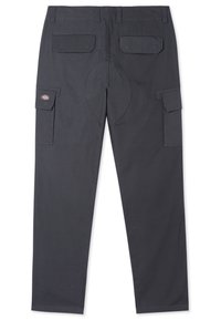 Pantalon cargo gris foncé avec poches à rabat à l'arrière et sur les côtés, doté d'une assise renforcée et d'un logo de la marque Dickies sur la poche latérale gauche.