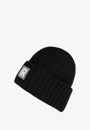 Black ribbed knit beanie with folded cuff and rectangular patch featuring "#1839" and a large letter "R".