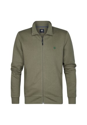 Olive green zip-up jacket with a textured finish, flat collar, and elastic cuffs. Features a small logo on the left chest area.