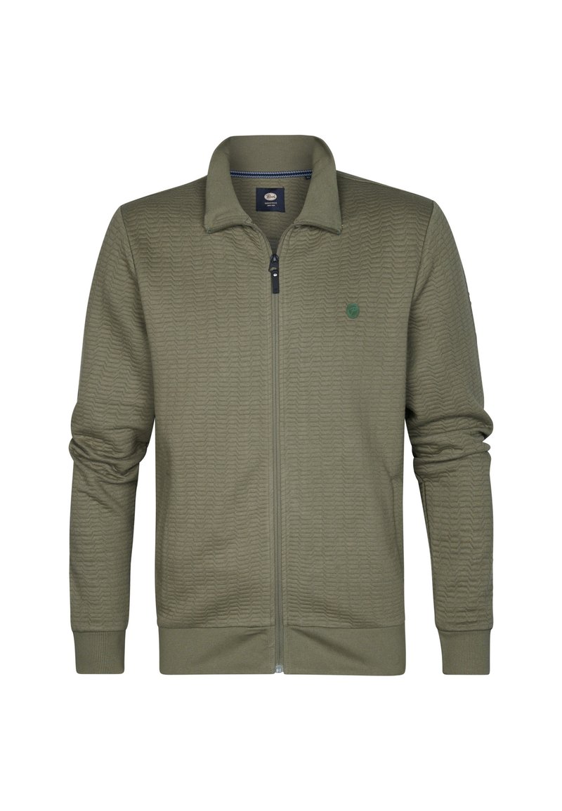 Oliwkowa kurtka z zamkiem na całej długości, o teksturowanym wykończeniu, z płaskim kołnierzem i elastycznymi mankietami. Posiada małe logo po lewej stronie klatki piersiowej.