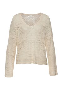 Maglione lungo a maniche lunghe color beige chiaro con un motivo a lavorazione trasparente caratterizzato da disegni geometrici e trama aperta. Scollo a V, vestibilità comoda.