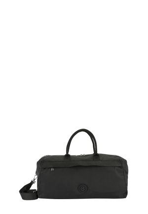 Borsa duffel nera con due manici e una tracolla removibile. Realizzata in materiale resistente, presenta una texture liscia e un logo circolare.