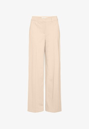 Beige wijde broek met een gladde textuur, voorzien van een vlakke voorkant, riemlussen en persplooien voor een geklede uitstraling.