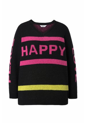 Sort strikket sweater med V-hals, iøjnefaldende tekststriber i pink og gul med ordene "HAPPY" og "LOVE", samt løs pasform.
