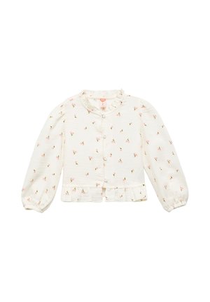 Hvid langærmet bluse med små pink blomsterprint. Har en flæsekant, frontknapper og en samlet kant. Blødt tekstureret stof.