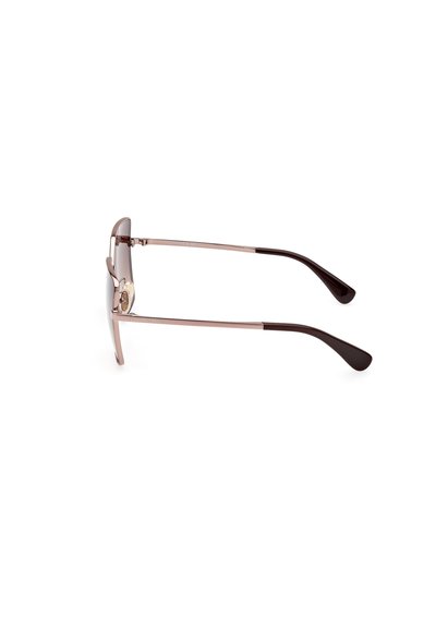 Gafas de sol de metal con un delgado marco en oro rosa, lentes marrones y patillas de plástico marrón oscuro. Presenta almohadillas nasales ajustables.