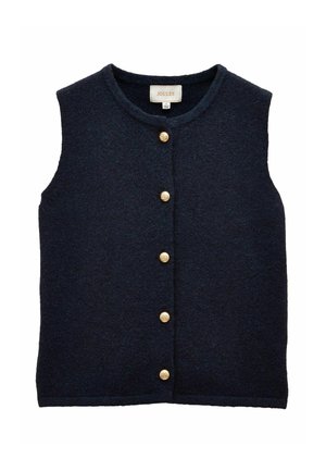 Marineblaue Wollenweste mit Rundhalsausschnitt, sieben goldenen Knöpfen auf der Vorderseite und ärmellosem Design; weiche Textur mit einem subtilen Strickmuster.