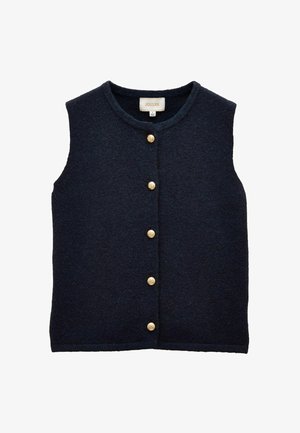 Marineblaue Wollenweste mit Rundhalsausschnitt, sieben goldenen Knöpfen auf der Vorderseite und ärmellosem Design; weiche Textur mit einem subtilen Strickmuster.