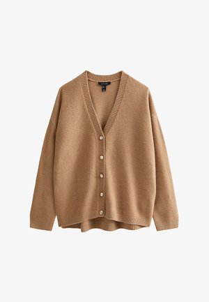 Cardigan marron à col en V avec manches longues et cinq boutons dorés sur le devant, doté de poignets et d'un ourlet côtelés.