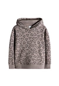 Sudadera con capucha de tela marrón claro con una textura suave, que presenta patrones de corazones negros y un bolsillo frontal tipo canguro.