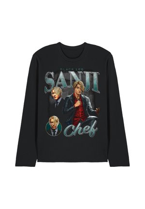Black long sleeve shirt with three illustrated portraits of a blonde man and text reading "Black Leg Sanji Chef" on the front.