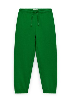 Pantalon de jogging vert à taille élastique avec cordon et poignets élastiques, présenté à plat sur fond blanc.