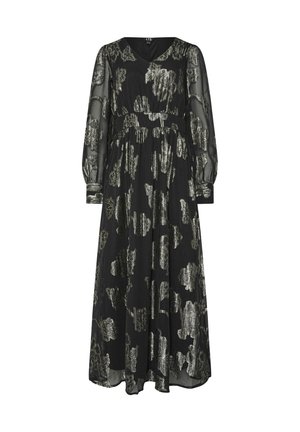 Zwarte jurk met lange sheer mouwen, met een subtiele metallic bloemenpatroon en v-halsontwerp, vloeiende A-lijn silhouet en geplooide taille.