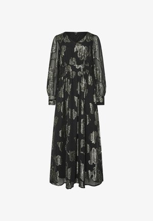 Czarna sukienka z długimi przezroczystymi rękawami, z delikatnym metalicznym kwiatowym wzorem i dekoltem w kształcie litery V, w luźnej sylwetce A-line, z marszczoną talią.