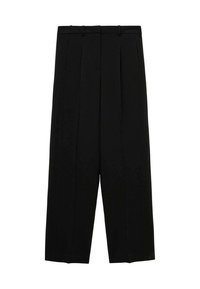 Pantalon noir taille haute, avec des plis avant prononcés, une coupe ample et une texture tissée lisse.