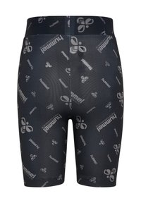 Svarta idrottsshorts tillverkade av elastiskt material med en slät yta, med ett upprepande grått logomönster genom hela plagget.